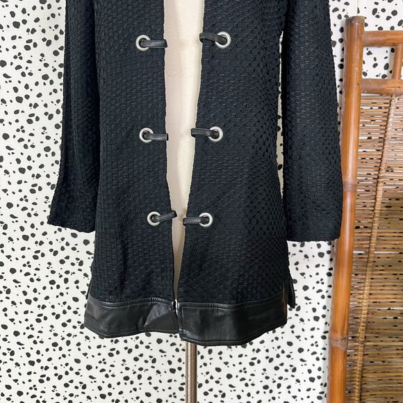 NEW Ming Wang | Black Faux Leather Trim Long Sleeve Knit Tunic Sweater Jacket XS - Picture 4 of 11